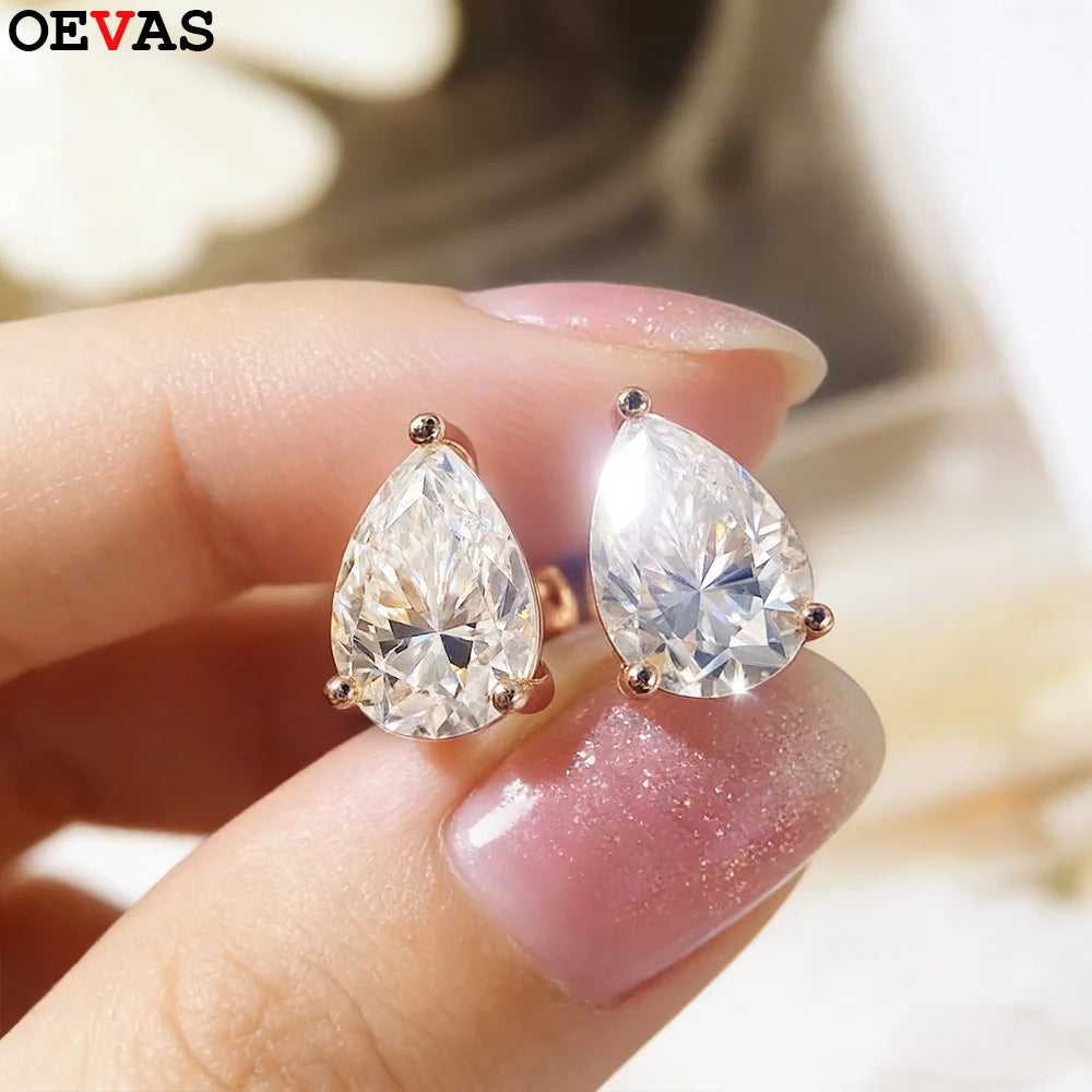 OEVAS  0.5-4Carat Pear Cut Moissanite Stud Earrings 100% S925 Silver Waterdrop Lab Diamomd Ear Studs for Women Fine Jewelry Gift
