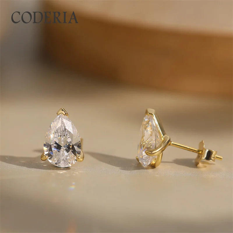 Certified 1CT 2CT Pear Cut D VVS1 Moissanite Earrings for Women 18k Gold Plated Jewelry 100% Sterling Silver 925 Ear Studs