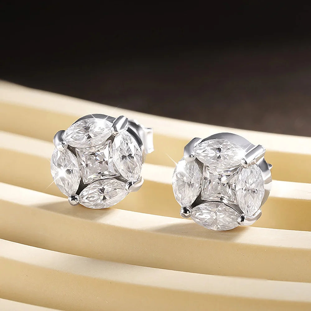 10mm Cluster Star Moissanite Stud Earrings with Certificates 925 Sterling Silver Princess/Marquise Cut Diamond Earring for Women